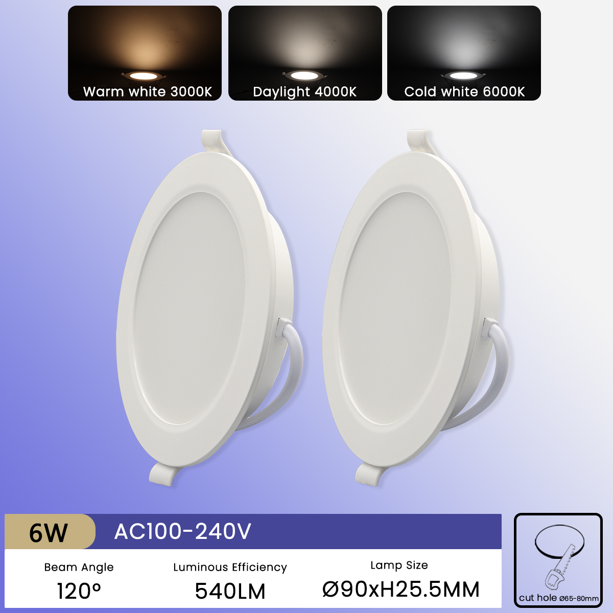 2.5C for Round Energy Conservation 6W AC100-240V 3000K4000K6000K Easy Installation Ceiling Thin Led Downlight for Large Malls