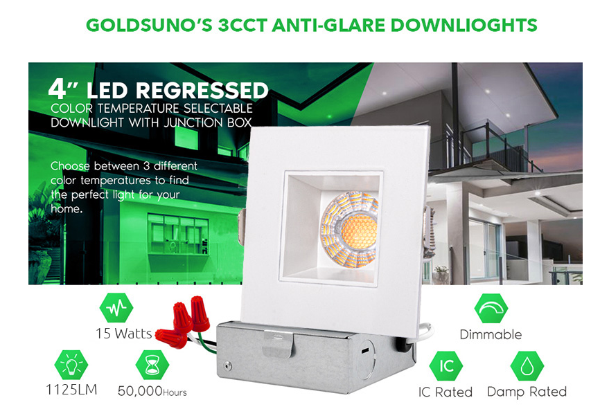 Anti-Glare Downlight 4inch 12/15W Dimmable COB Square White with Black Trim Downlight 5CCT Selectable Downlight CRI 90+