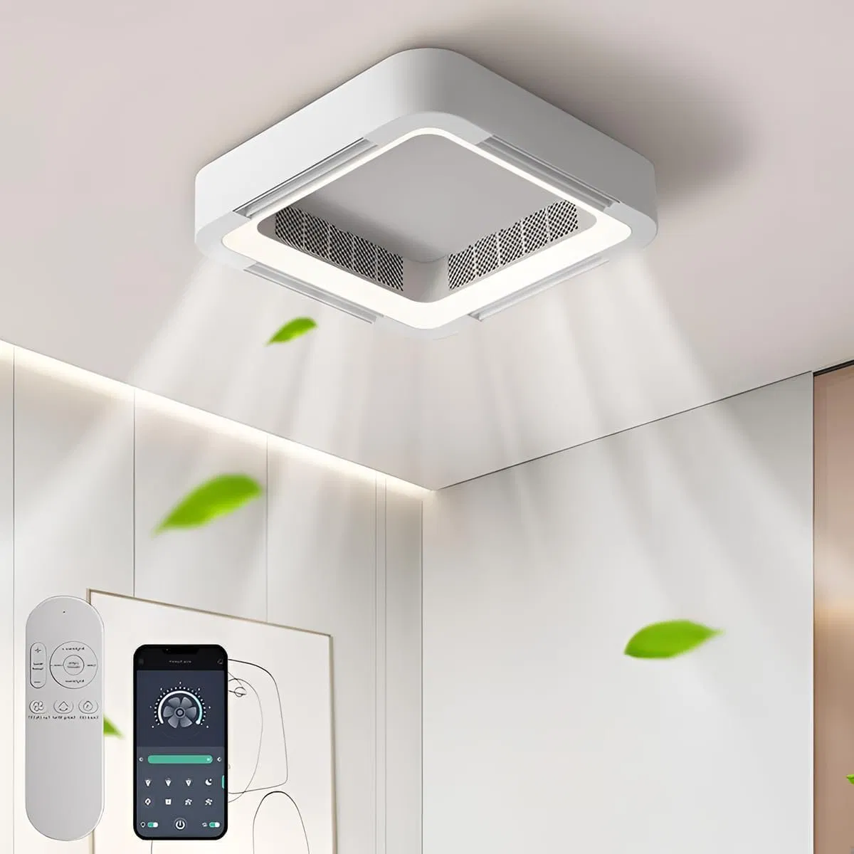 2025 Bladeless Ceiling Fan Light Flush Mount Smart APP Control Dimmable Square LED Ceiling Fan with Light and Remote
