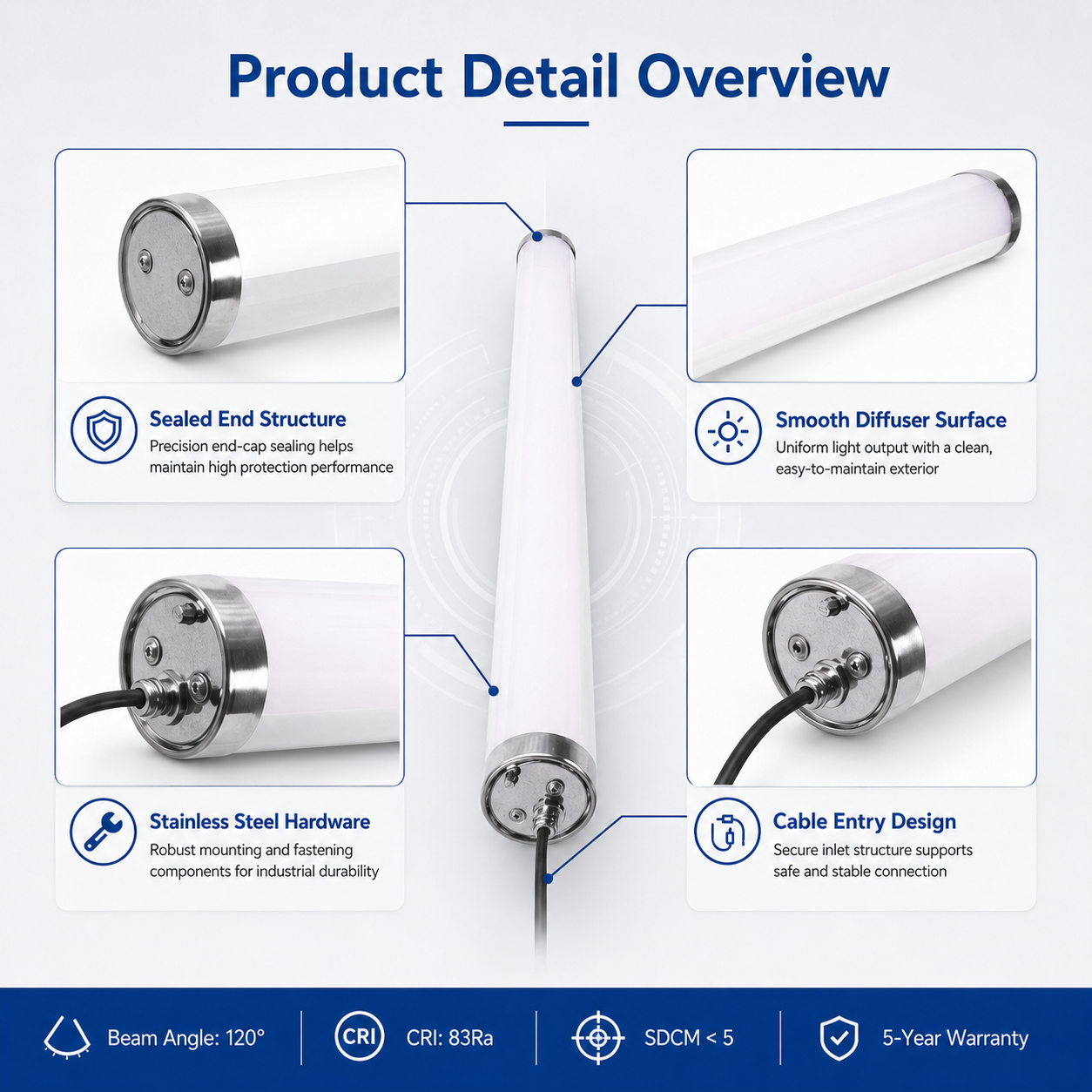 50W LED Tri-Proof Tubular Light Industrial Use IP68 IK10 Anti-Corrosion 120 Beam Angle 130-180lm/w Ra90 CRI Dimmable 5-Year
