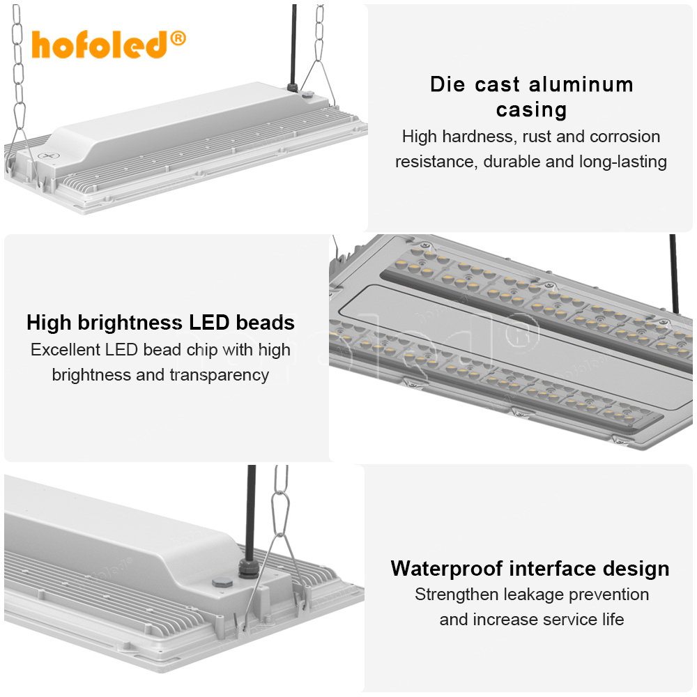 Hofoled 100W 150W 200W Warehouse Linear High Bay Light IP66 240W Workshop Light 0-10V DALI Commercial Linear Hanging Bay Light