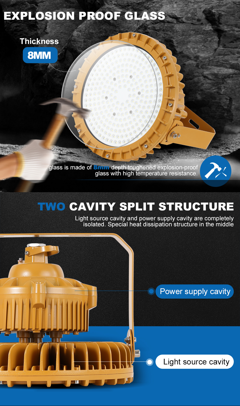 LONTU ATEX IECEx Certified 200W LED High Bay Light For Zone 1 Hazardous Gas Vapour Explosive Dust Areas Oil Platform Mining Site