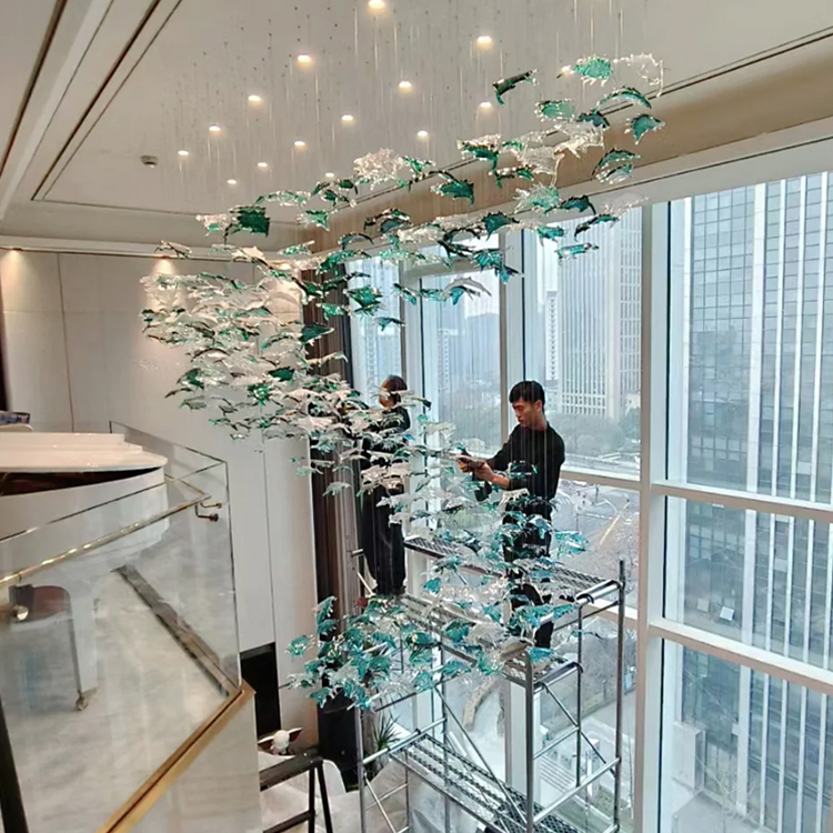 Modern Custom LED Crystal Chandelier E12 Dimmable Remote Control Luxury Ceiling Bedroom Maple Leaf Glass Hanging Pendant Lamp