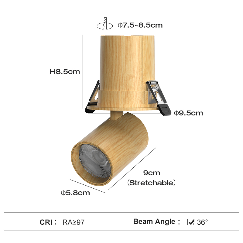 75mm Adjustable Angle 12W COB LED Recessed Down Light Spot Lights Modern Walnut Aluminum Hotels Offices Residential Warm 3500K