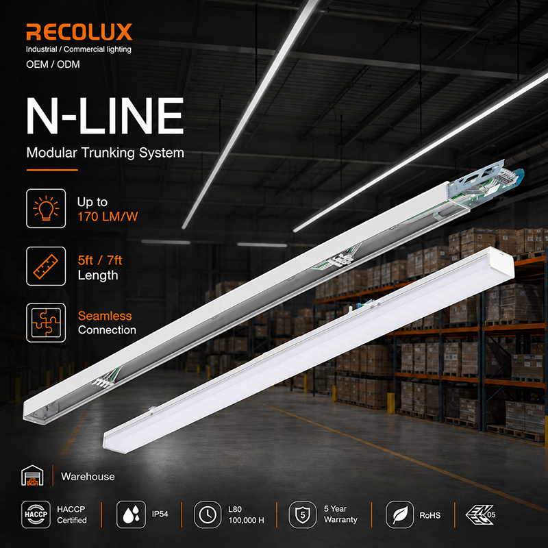 5ft/7ft Modular LED Linear Trunking System 170lm/W Power Switchable Retrofit Solution For Warehouse IP54 Rated Aluminum 5-Year