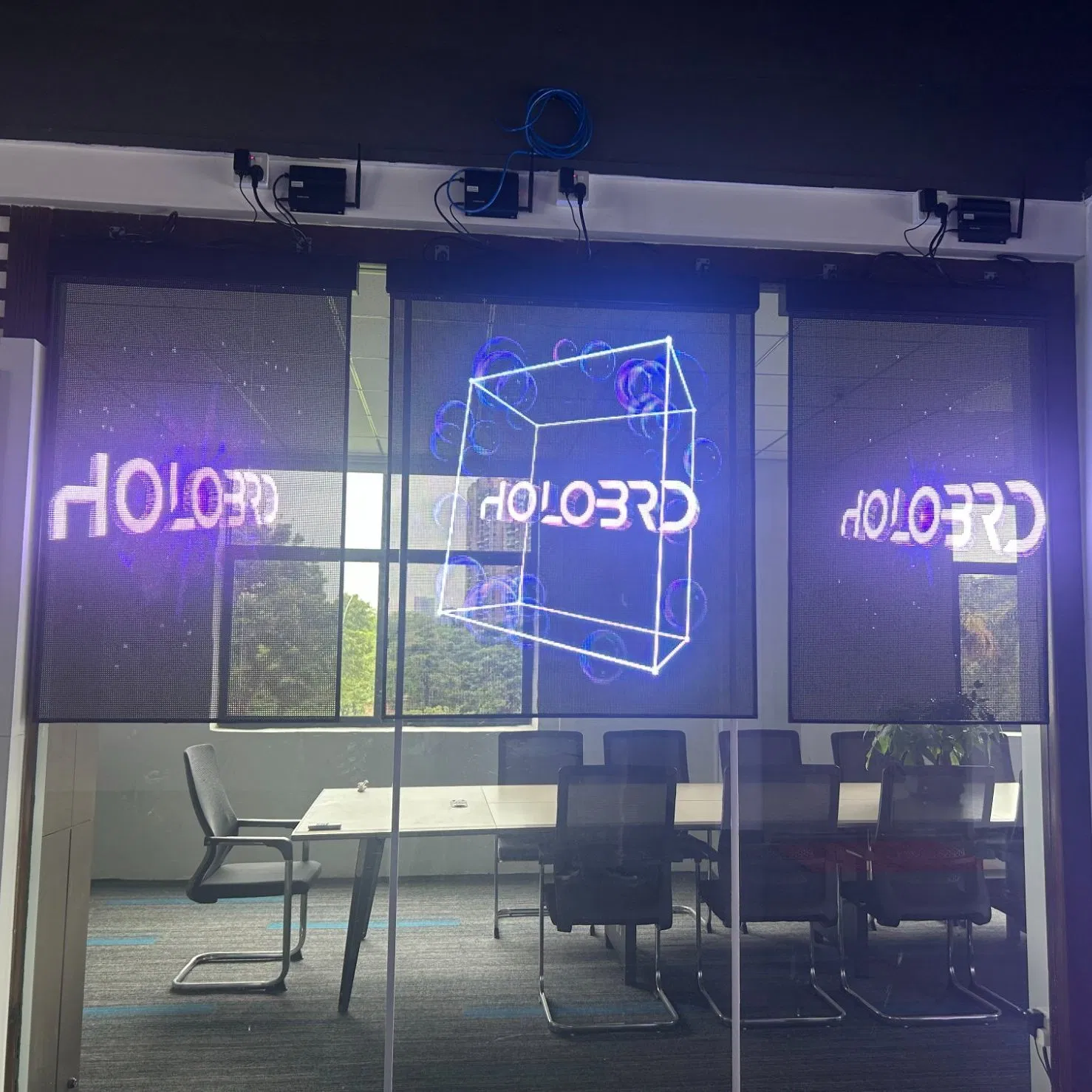 Glass Hanging Transparent film Screen Holographic 3D LED Poster Display for Advertising