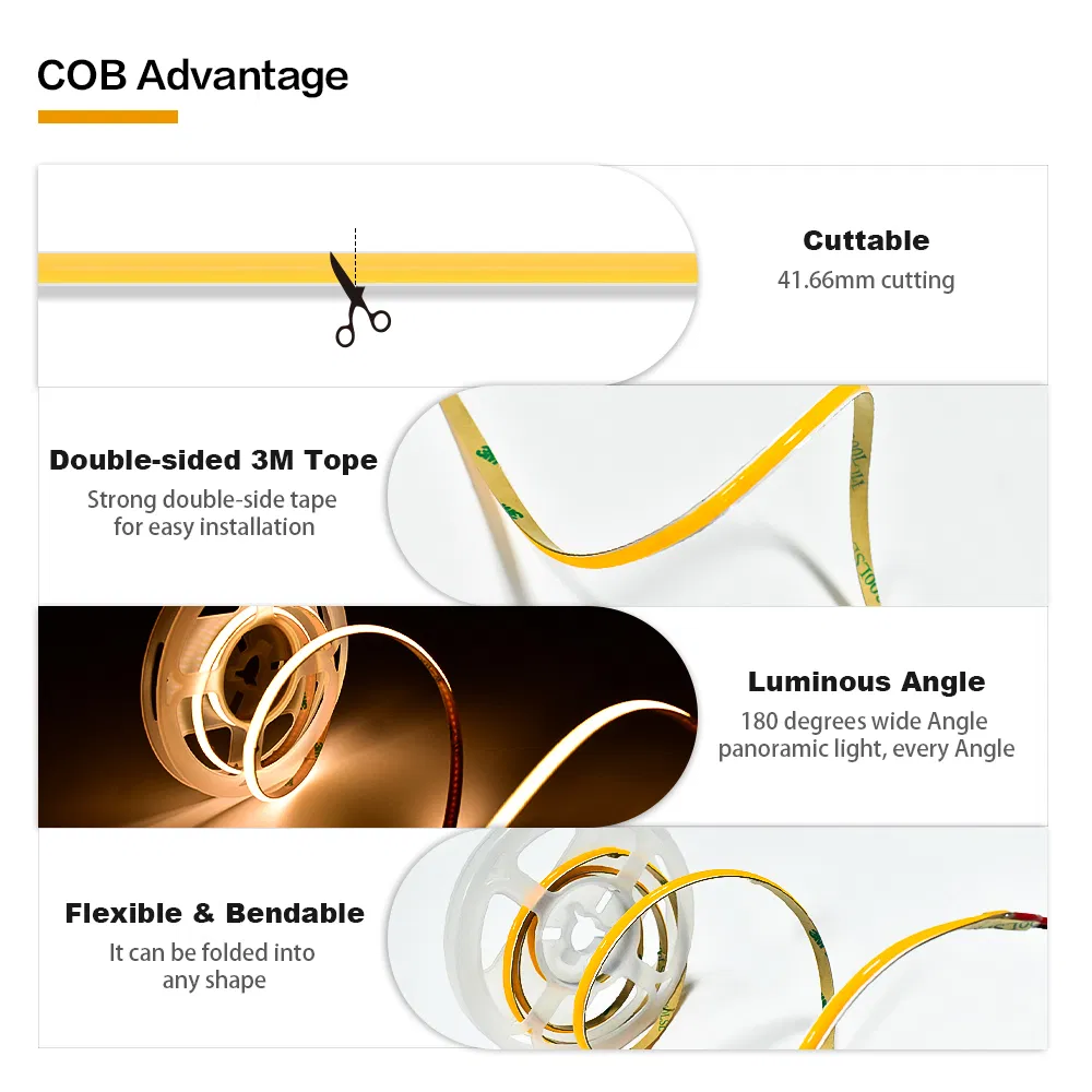 DC24V Single Color COB LED Strip Light IP20 Flexible Cuttable High Brightness