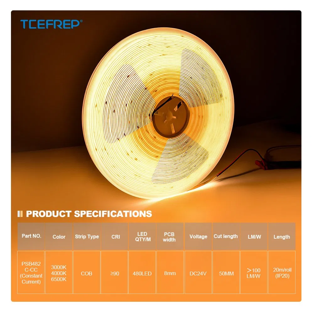 Dotless Constant Current 20m/Roll Flexible Light COB LED Strip 24V
