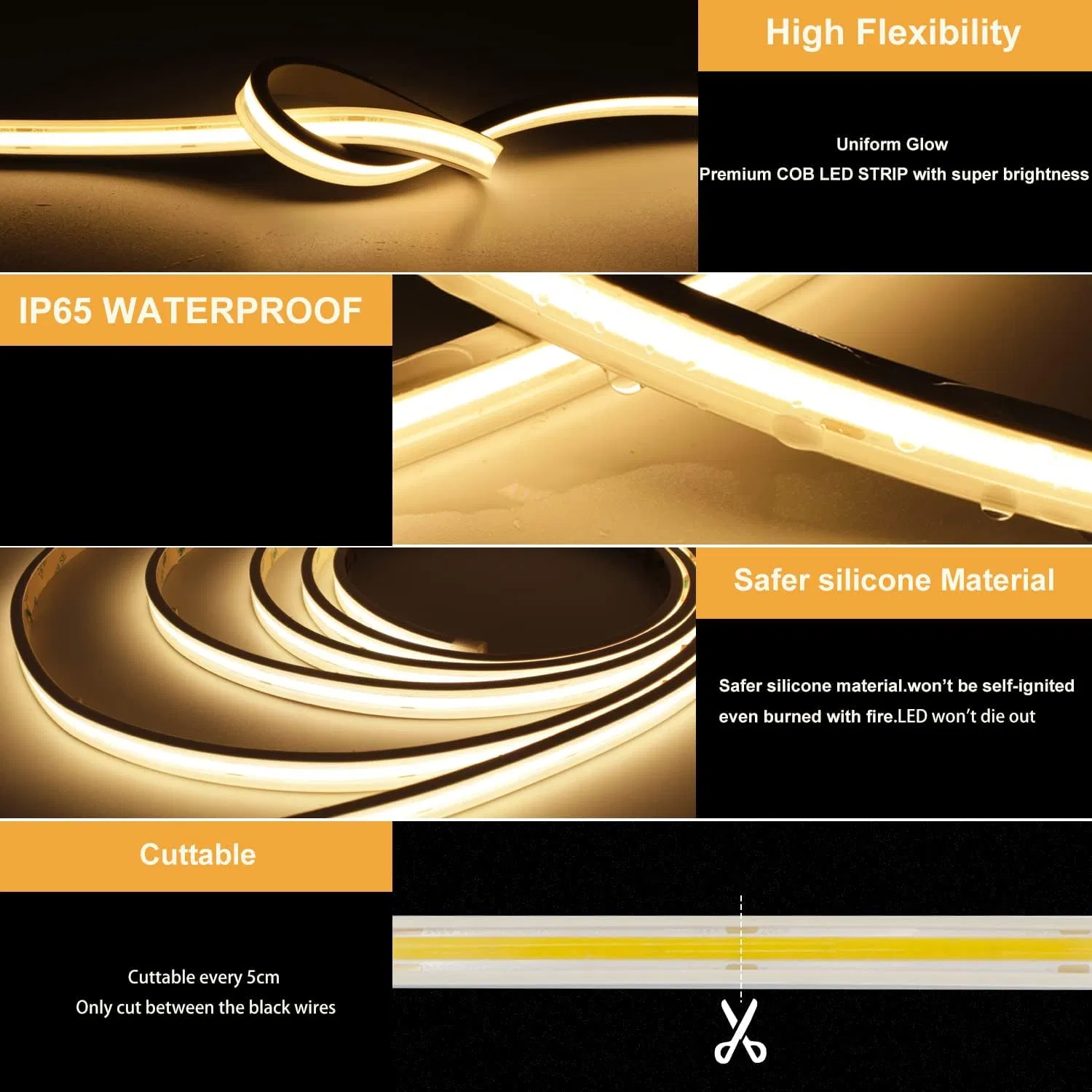 DC24V High Density 320 480LEDs Water-Resistance IP65 Factory Price COB LED Strip Light