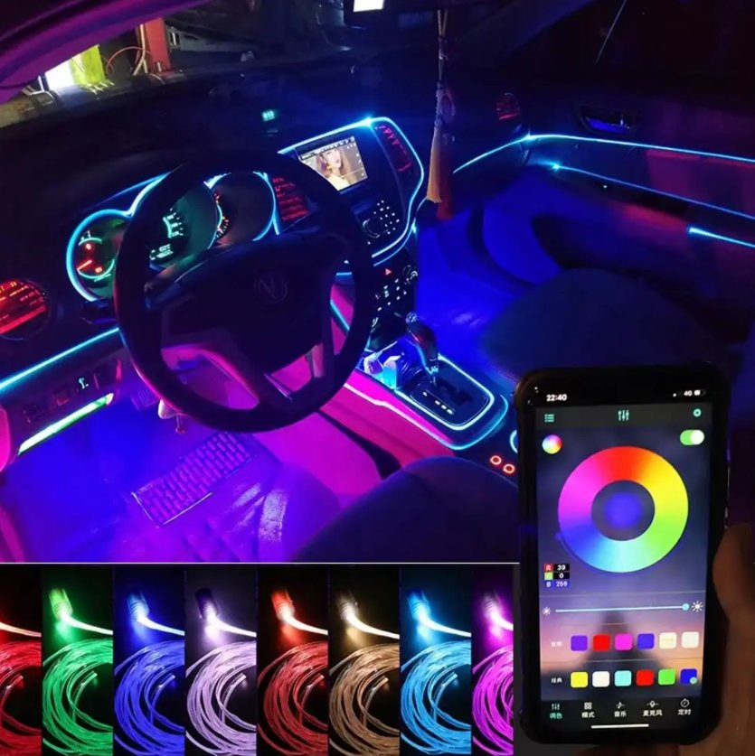 Car Interior Ambient Fiber Optic Strip Light with Car Light LED RGB Music Lamp Automotive Interior Decorative Lights