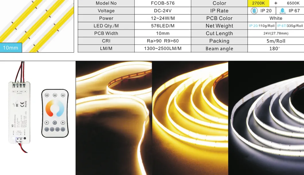 Ultra Thin High Density 576chips/M COB LED Flexible Strip Light