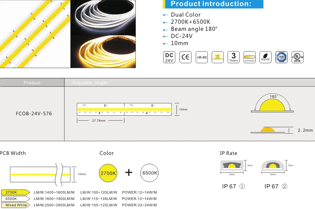 Ultra Thin High Density 576chips/M COB LED Flexible Strip Light