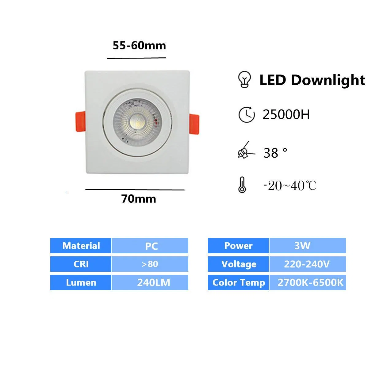 China Factory 3W Square Ceiling Spot Down Lamp Lighting SMD2835 100-240V Recessed Spotlight LED Downlight for Indoor Lighting