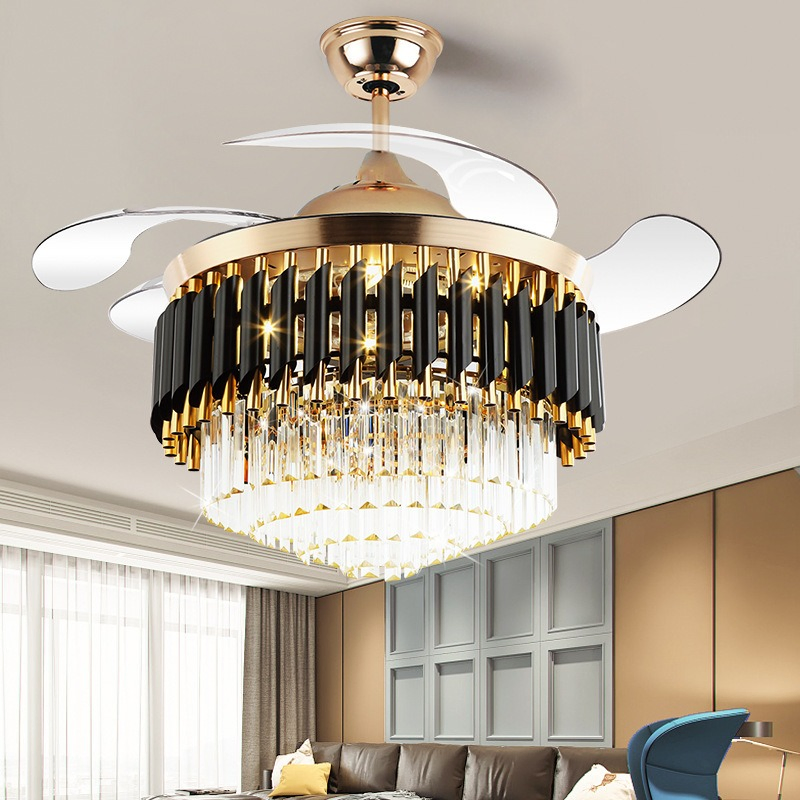 LED Crystal Chandelier Lighting Luxury Golden Black Style Pendant Lamp Home Hotel Modern Ceiling Fan with Light