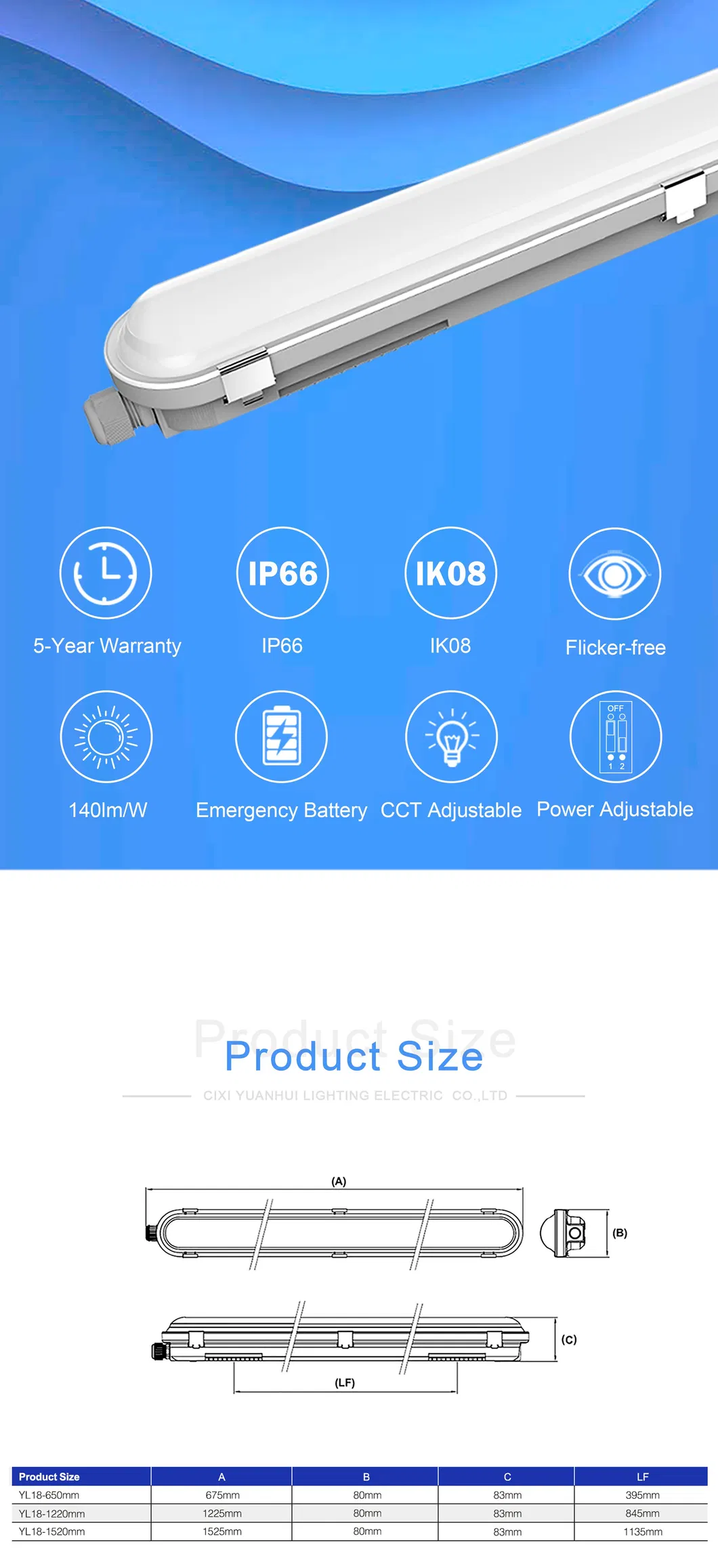 LED IP66 Waterproof Linear Vapor Tight Tunnel Tri-Proof Lighting