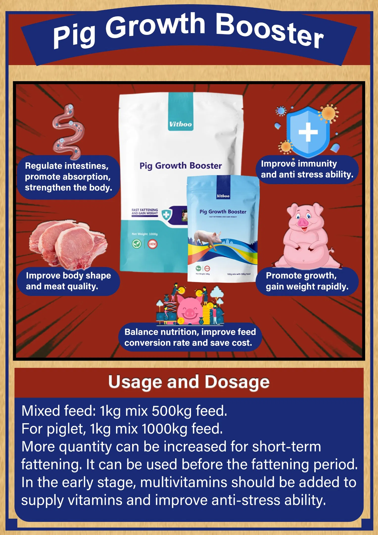 Custom Factory Pig Growth Booster Support Improved Vitality Increase Appetite and Gut Health