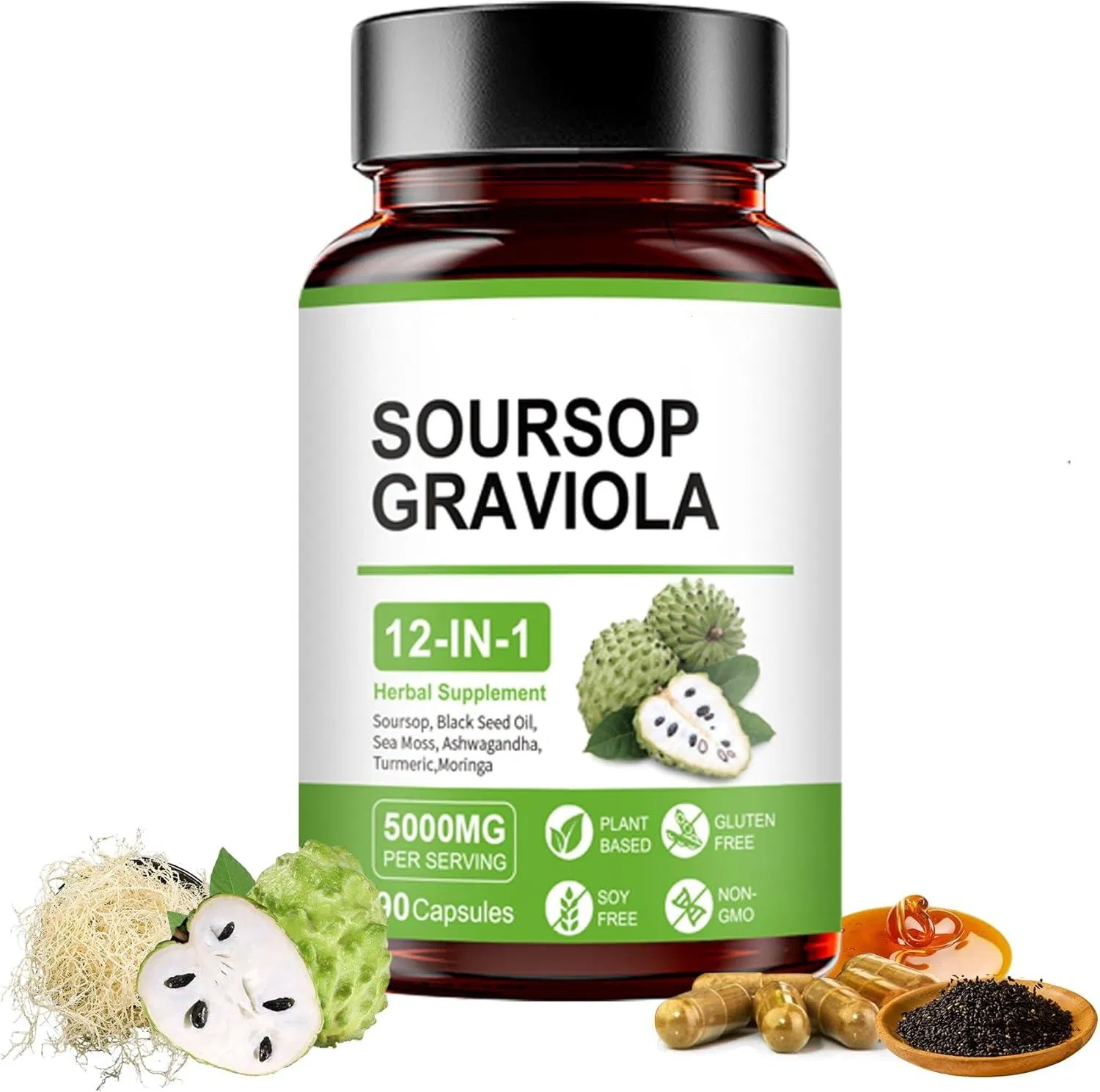 Graviola Soursop Capsules with Black Seed Oil, Sea Moss, Ashwagandha, Turmeric &amp; Moringa Immune Support &amp; Gut Health