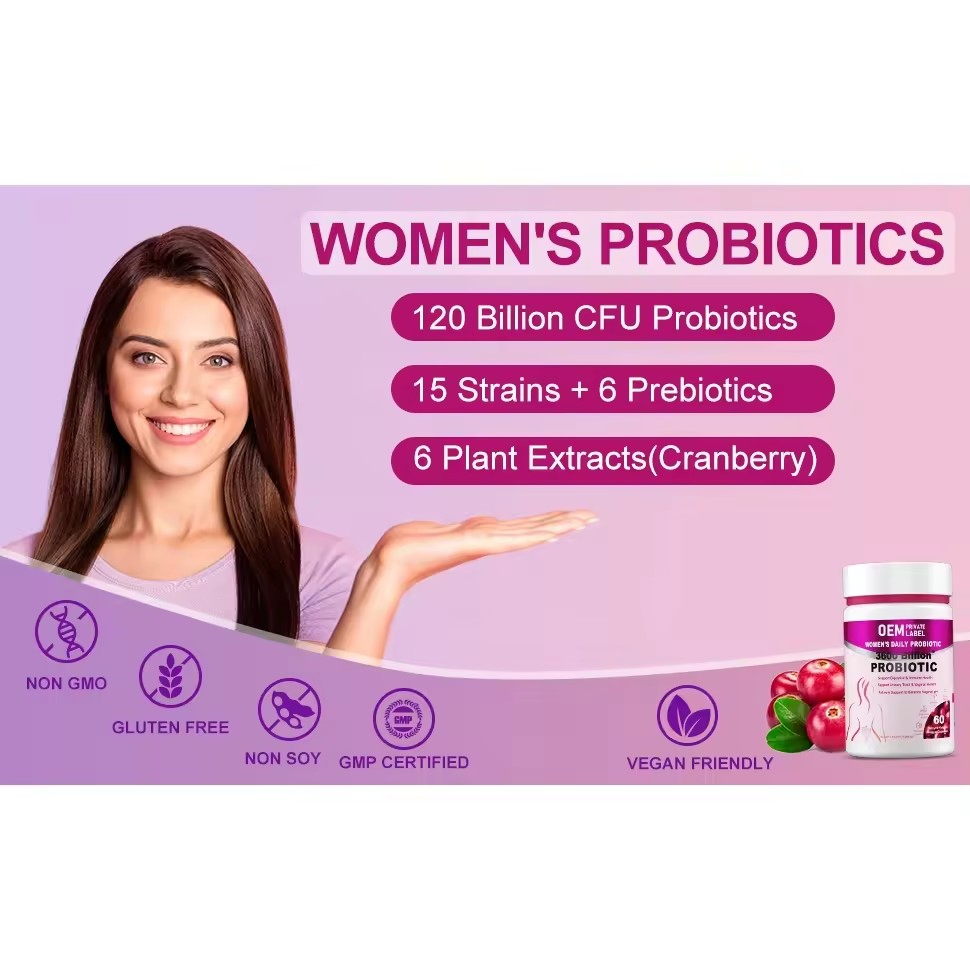 OEM/ODM Women's Probiotic Capsules Prebiotics Digestive Enzymes Supplement for Support Immune Health Gut and Vaginal