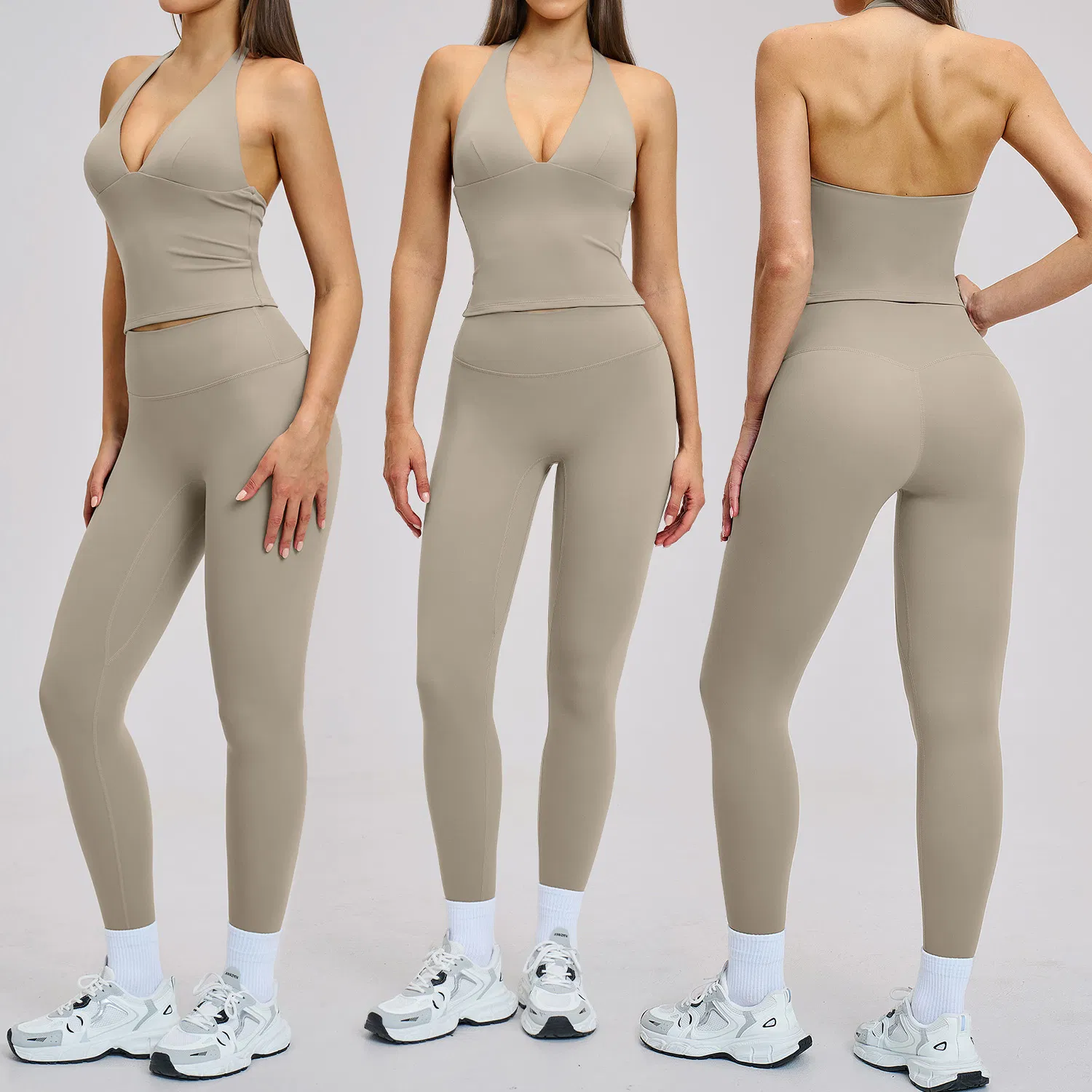 Stylish Sports Gym Fitness Yoga Clothing with Halter Deep V-Neck Backless Yoga Top + Butt Lifting Leggings for Workout