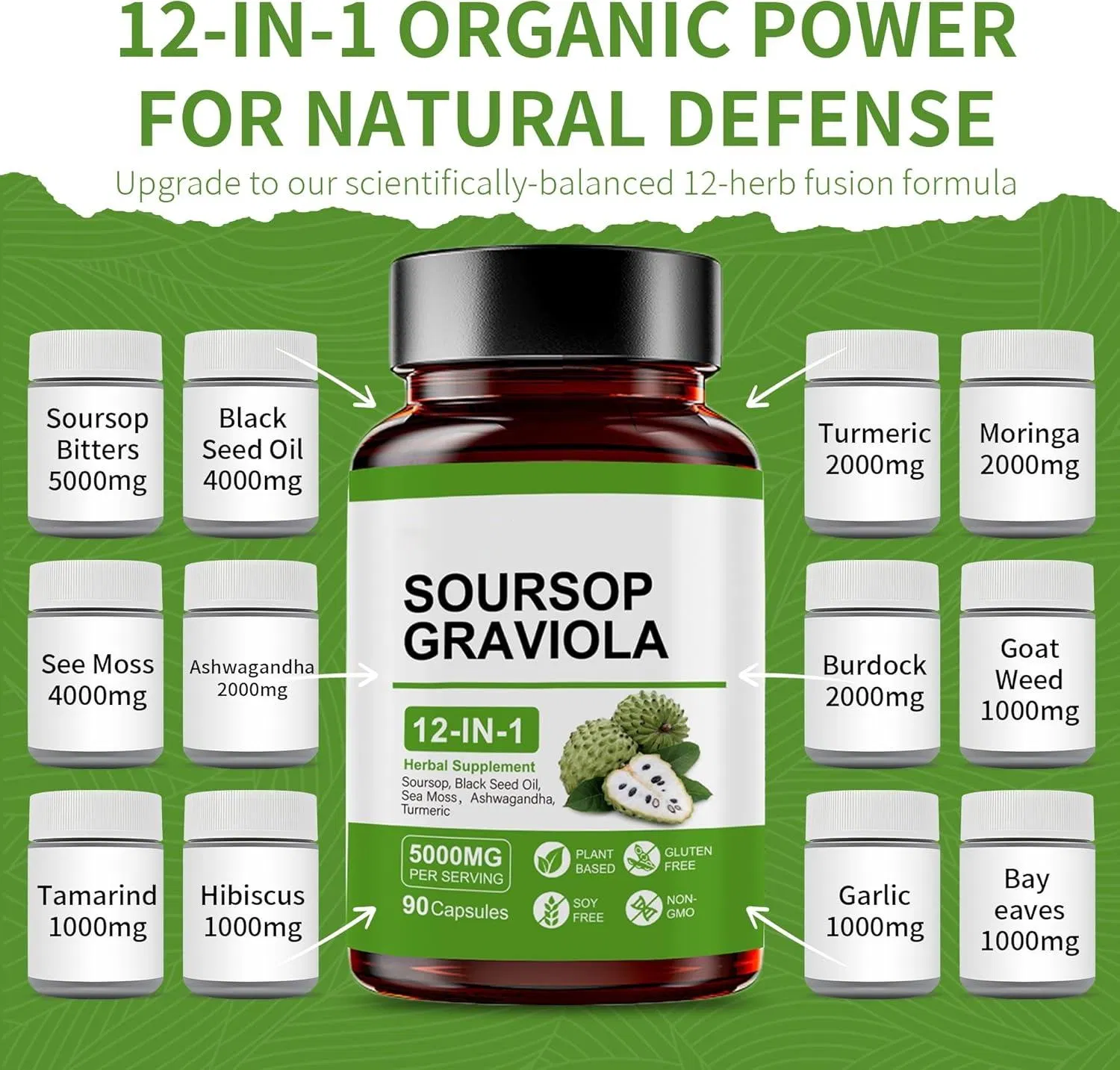 Graviola Soursop Capsules with Black Seed Oil, Sea Moss, Ashwagandha, Turmeric &amp; Moringa Immune Support &amp; Gut Health