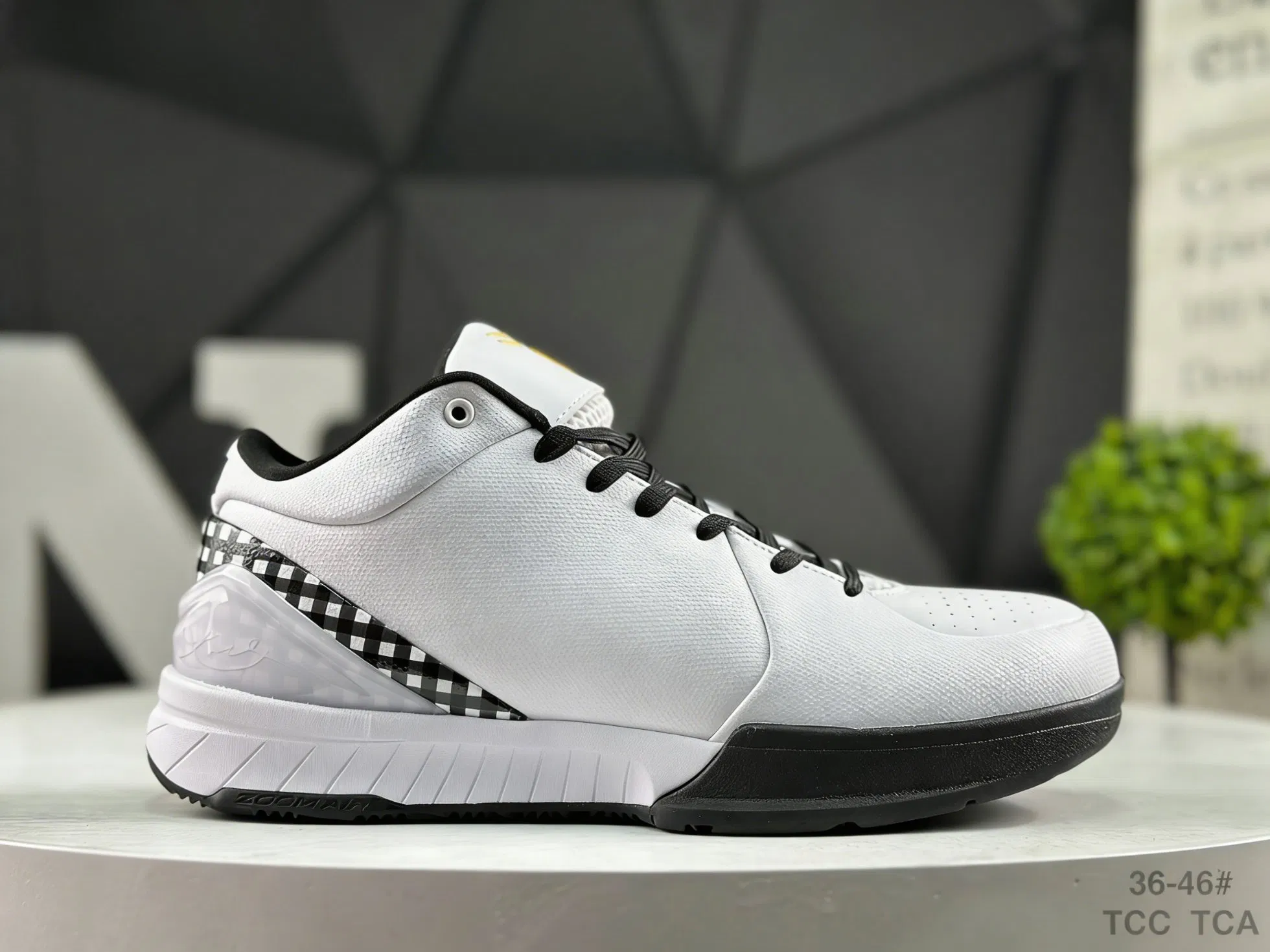 Basketball Sport Sneakers - Ko Be 4 Protro Mambacita White Black Checkered Shoes, Lightweight Breathable Athletic Footwear