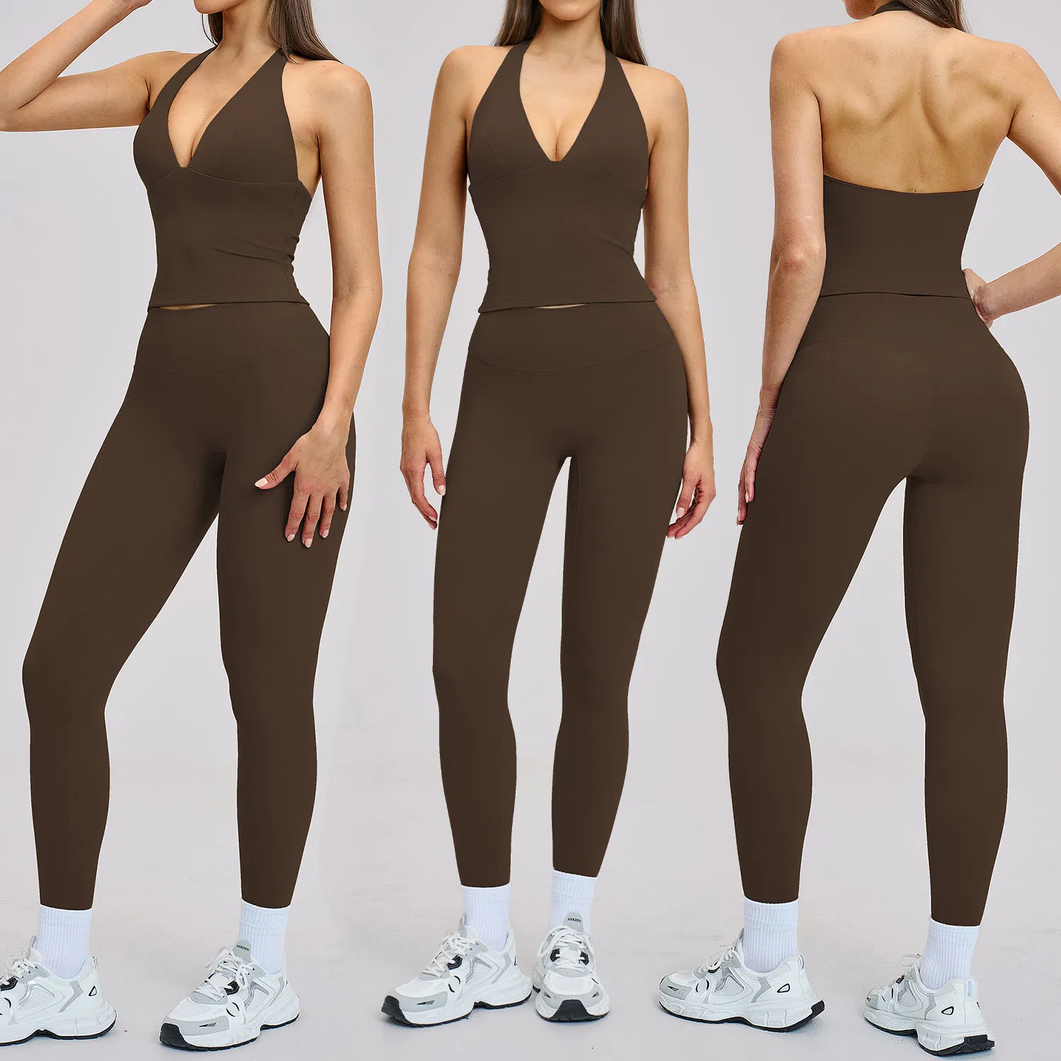 Stylish Sports Gym Fitness Yoga Clothing with Halter Deep V-Neck Backless Yoga Top + Butt Lifting Leggings for Workout