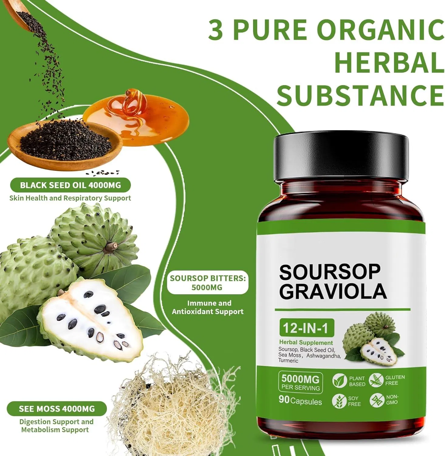 Graviola Soursop Capsules with Black Seed Oil, Sea Moss, Ashwagandha, Turmeric &amp; Moringa Immune Support &amp; Gut Health