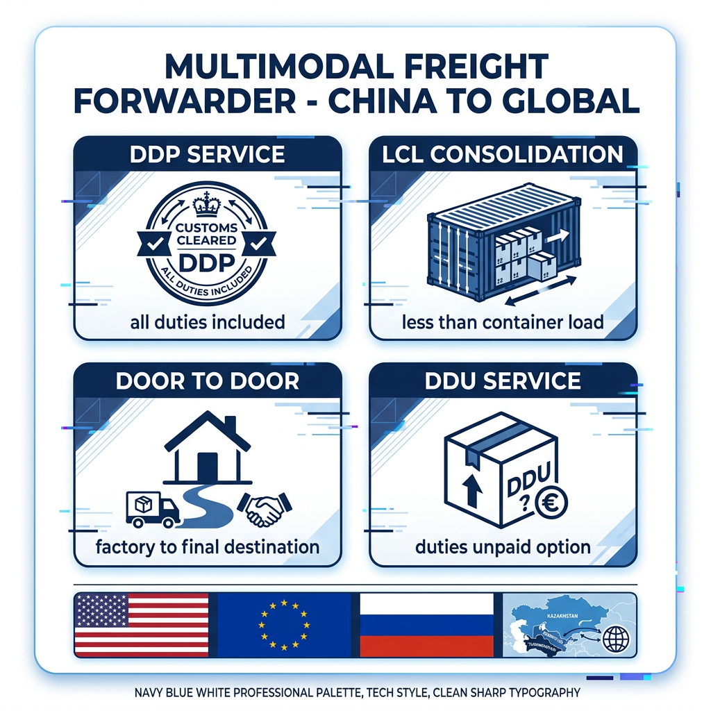 Sea Air Railway Multimodal Freight Forwarder China to USA/Europe/Russia/Central Asia DDP/DDU/LCL