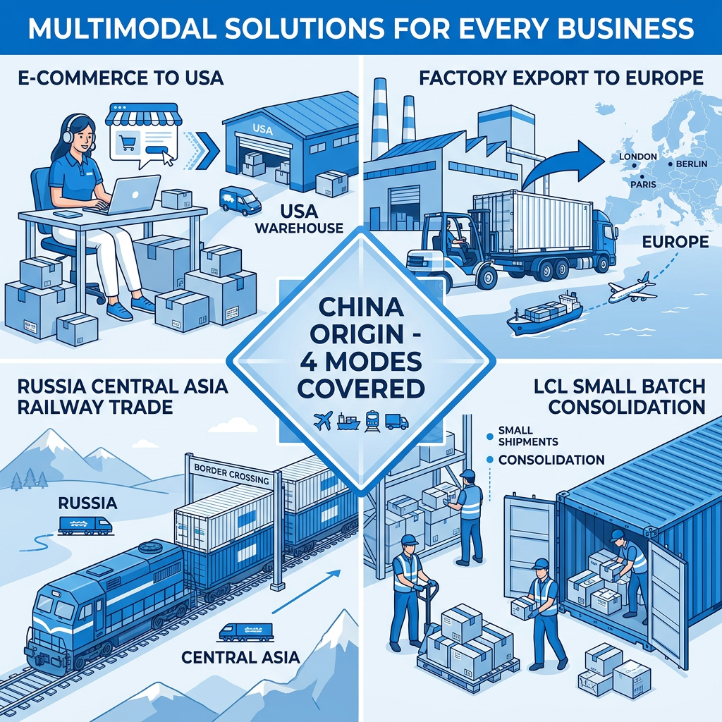 Sea Air Railway Multimodal Freight Forwarder China to USA/Europe/Russia/Central Asia DDP/DDU/LCL