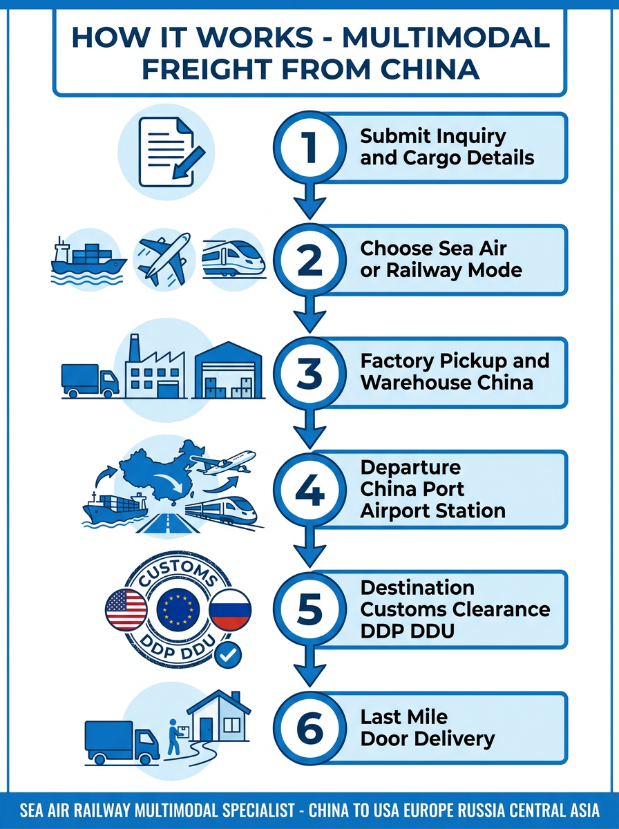 Sea Air Railway Multimodal Freight Forwarder China to USA/Europe/Russia/Central Asia DDP/DDU/LCL