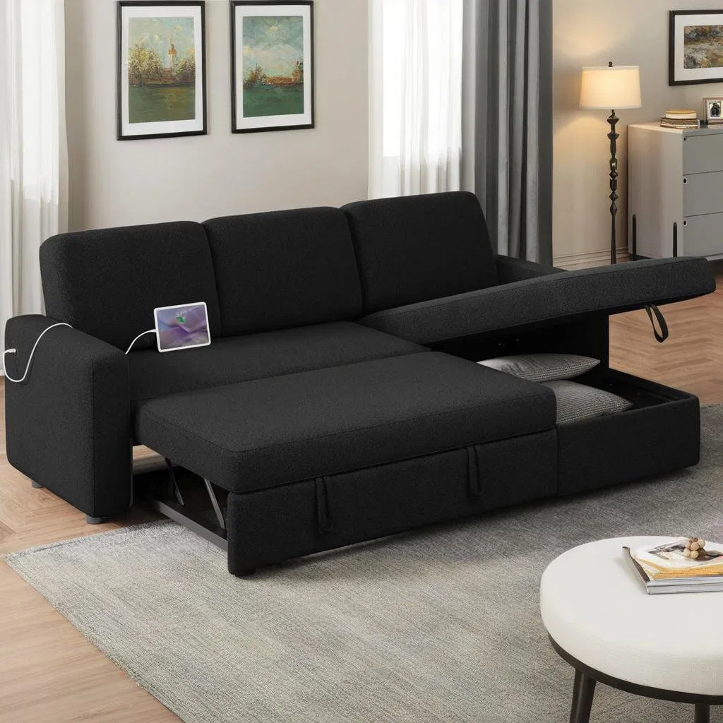 Modern Multi-Functional Linen Sofa Bed for Three Persons with Easy Conversion, Folding Convertible Sleeper Foldable Reclining Model with Reliable Mechanism
