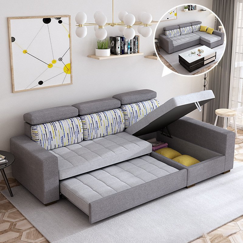 Modern Multi-Functional Linen Sofa Bed for Three Persons with Easy Conversion, Folding Convertible Sleeper Foldable Reclining Model with Reliable Mechanism