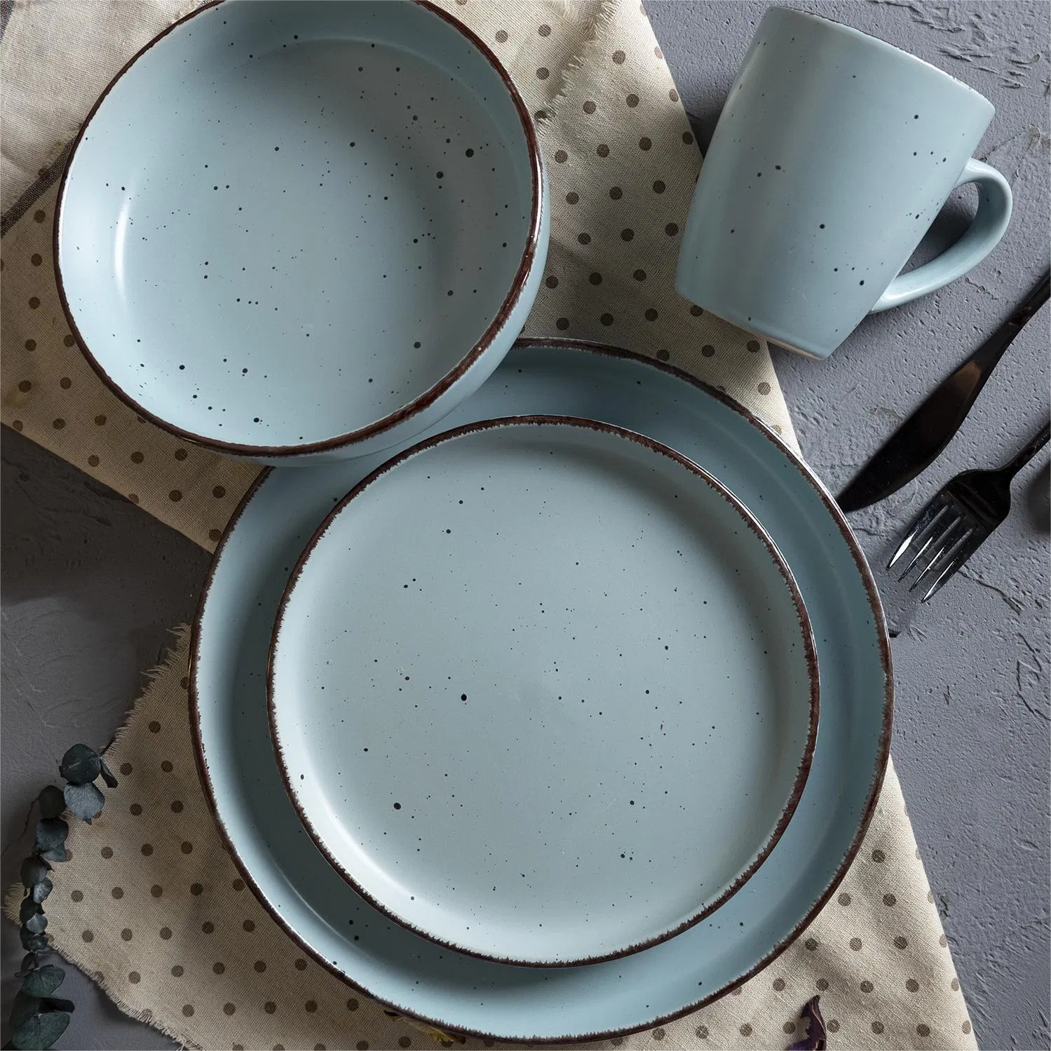 Eco-Friendly Multi Color Glazed Coupe Rustic Speckles Stoneware Dinnerware Sets Ceramic Tableware 24 Pieces Dinner Set