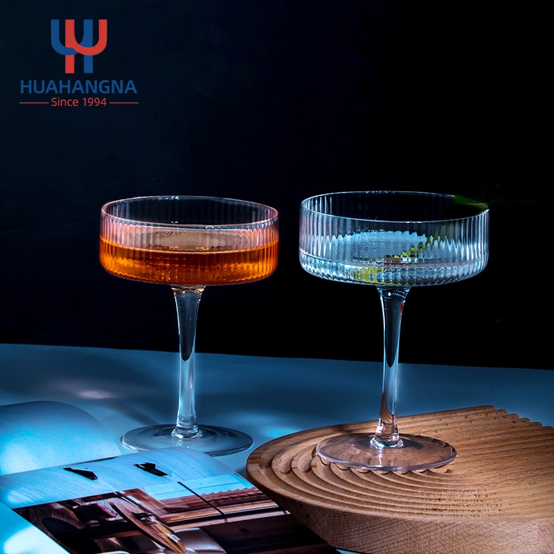 Hand Made Vintage Elegant 280ml Stemmed Ribbed Champagne Coupe Cocktail Glasses