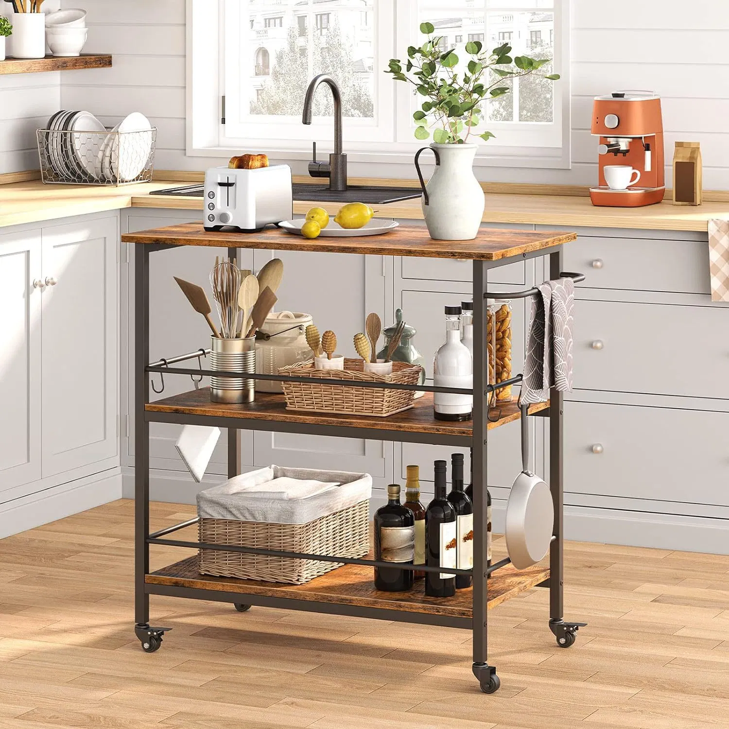 Cross-Border Special Supply of Movable Kitchen Trolley Three-Layer Storage Rack