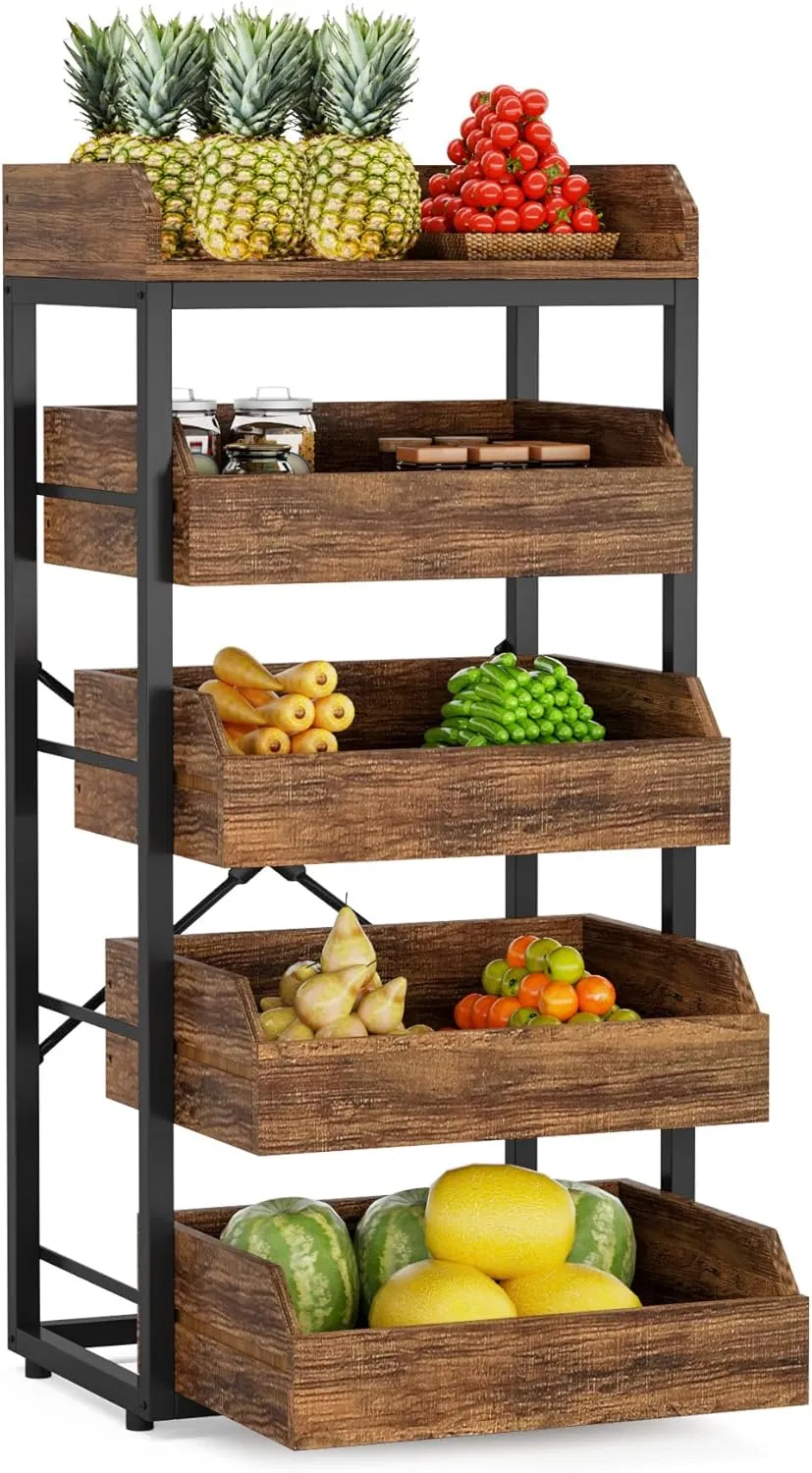 5-Tier Wood Fruit Vegetable Storage Basket Stand Pull-out Snack Stand Fruit Basket Stand