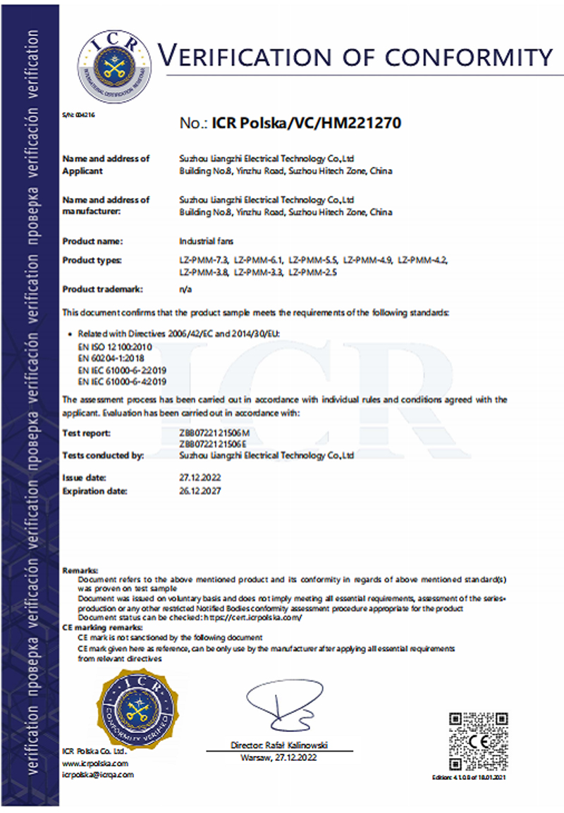 Liangzhi HVLS fan CE EMC product certification