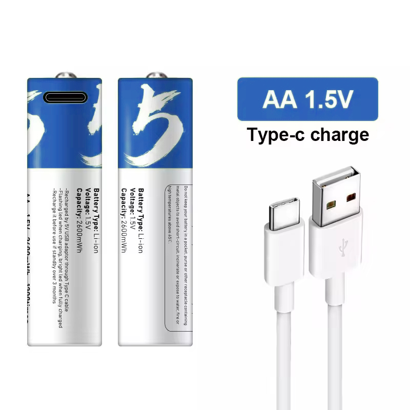 China No.5 AA rechargeable li-ion aa batteries 1.5V 2600mWh with Charger Type C Port Cable Manufacturers, Supplier