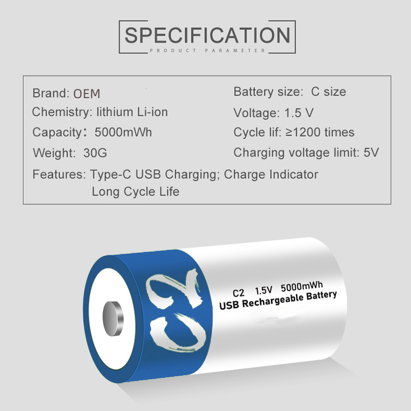 Wholesale No.2 Rechargeable C Batteries 1.5V 5000mWh Rechargeable battery + usb-c cable Manufacturers, Supplier