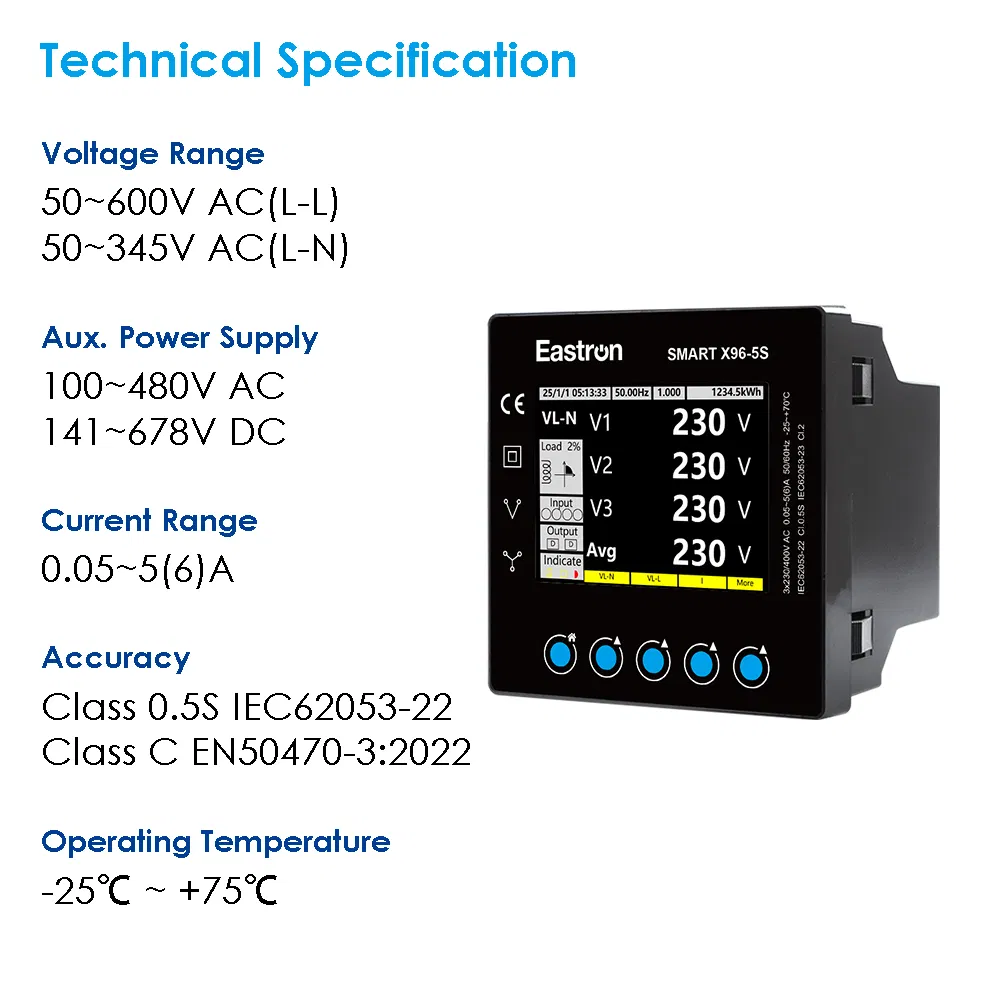 Eastron Smart X96-5s Series Leakage Current Measurement Three Phase RS485 Enethernet Energy Analyzer Bi-Directional Energy Meter