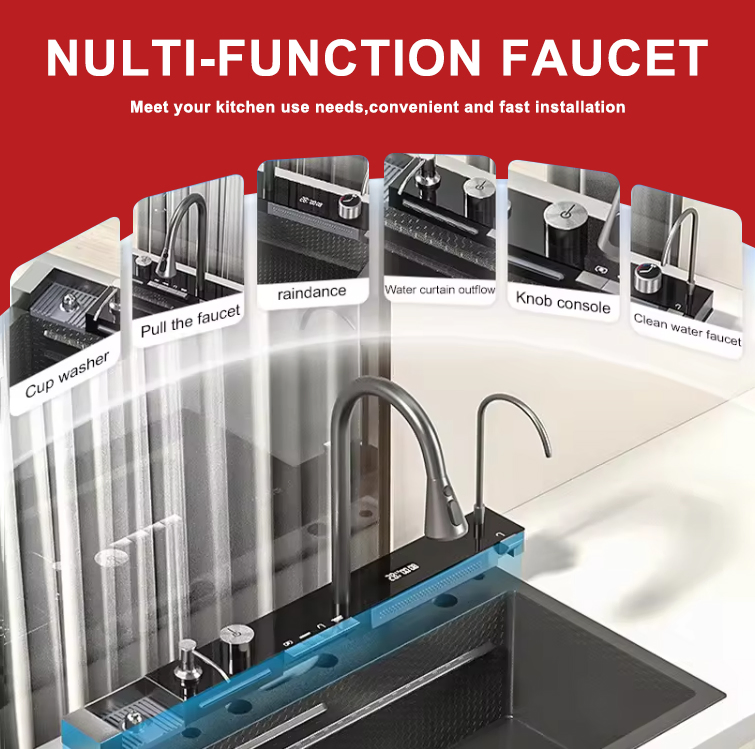 Deluxe Single Bowl 304 Smart Stainless Steel Kitchen Sink with Waterfall Function