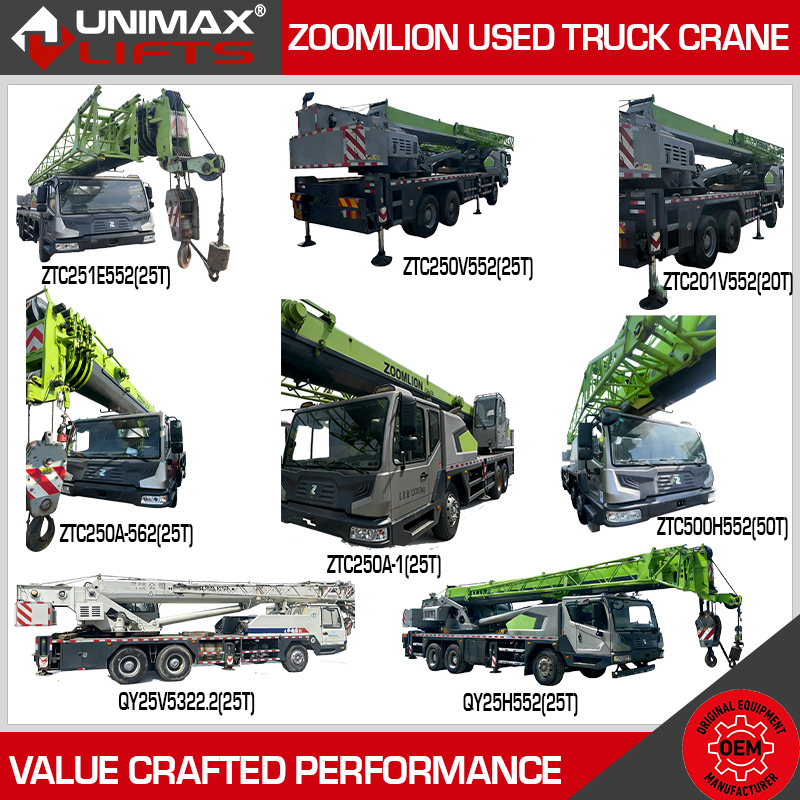 Zoomlion Used Truck Crane Product Fleet: Qy25h552 Qy25V532.2 Ztc201V552 Ztc250A-1 Ztc250A-562 Ztc250V552 Ztc251e552 Ztc500h552 for Heavy Equipment Lifting