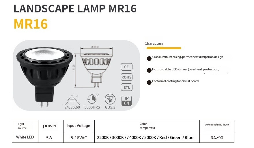 Weatherproof Colorful 5W MR16 Rgbcw Dimmable Smart LED Bulb AC/DC Bluetooth Control for Low Voltage Garden