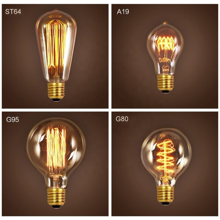 A60 110V 220V E27 40W Vintage Edison Incandescent Light Brass Glass Clear Amber Bulbs