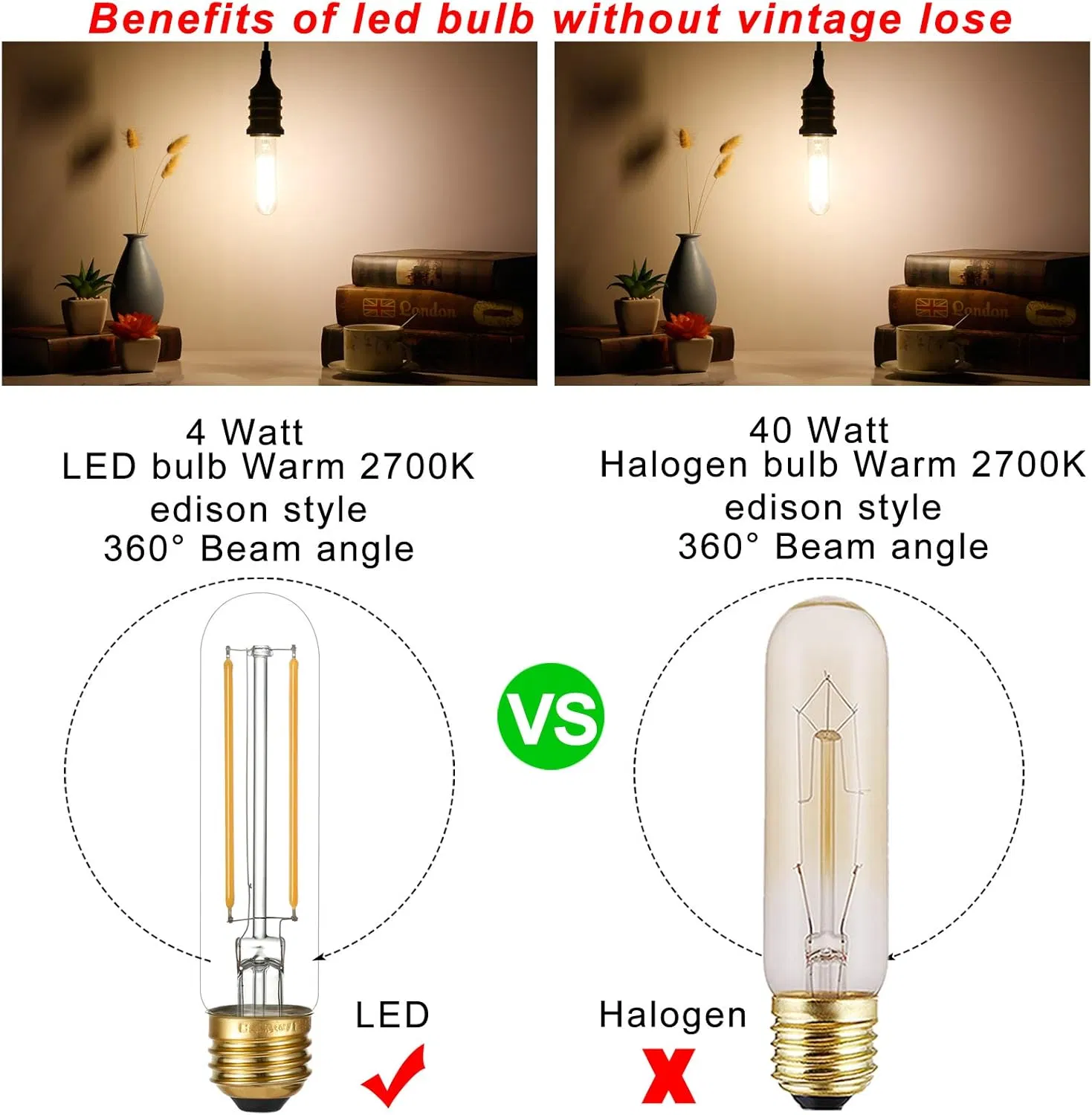 Dimmable E26 Edison Bulb 6W Equal 60W, Warm White 2700K LED Bulb