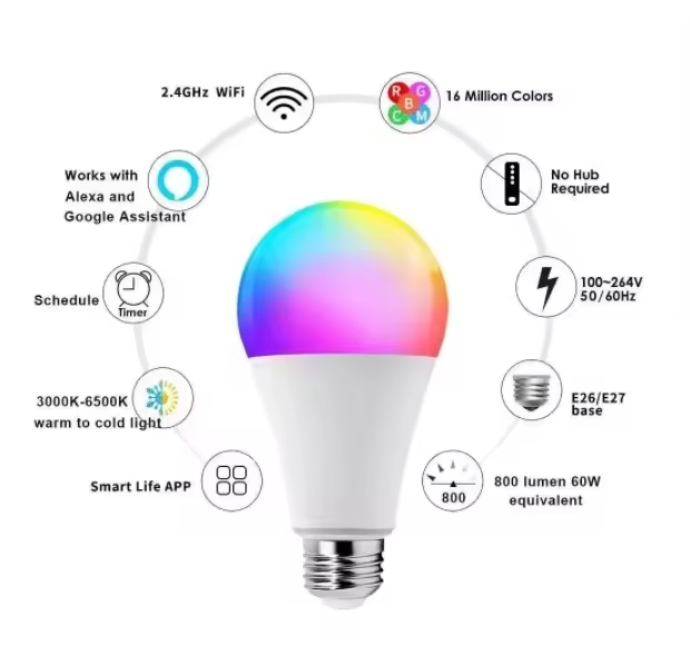 A60 Smart RGB Cw LED Bulb Tuya for Bluetooth E26/E27 9-15W Dimmable Color Changing Light WiFi Supports Alexa Google Smart Life
