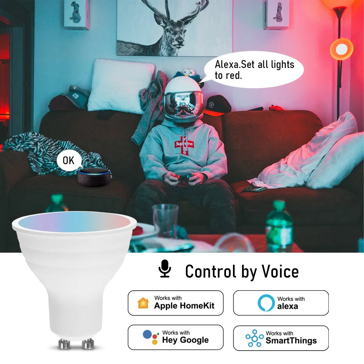 Voice Control Dimmable Wi-Fi Smart LED Light Bulb Tuya GU10 LED Spotlight Energy Saving Lamp RGB Color Changing for Home Decoration and Indoor Lighting
