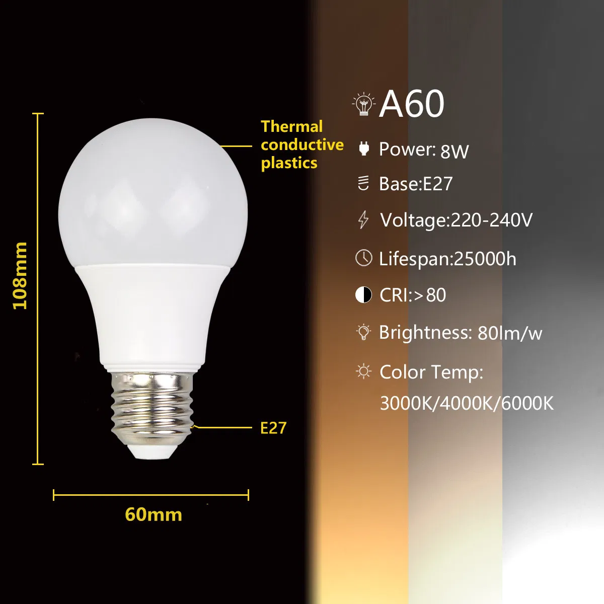 A60 LED Globe Bulb 8W E27 B22 Base 220-240V Plastic Aluminum for Indoor Lighting with New CE RoHS ERP Approval Chinese Manufacture