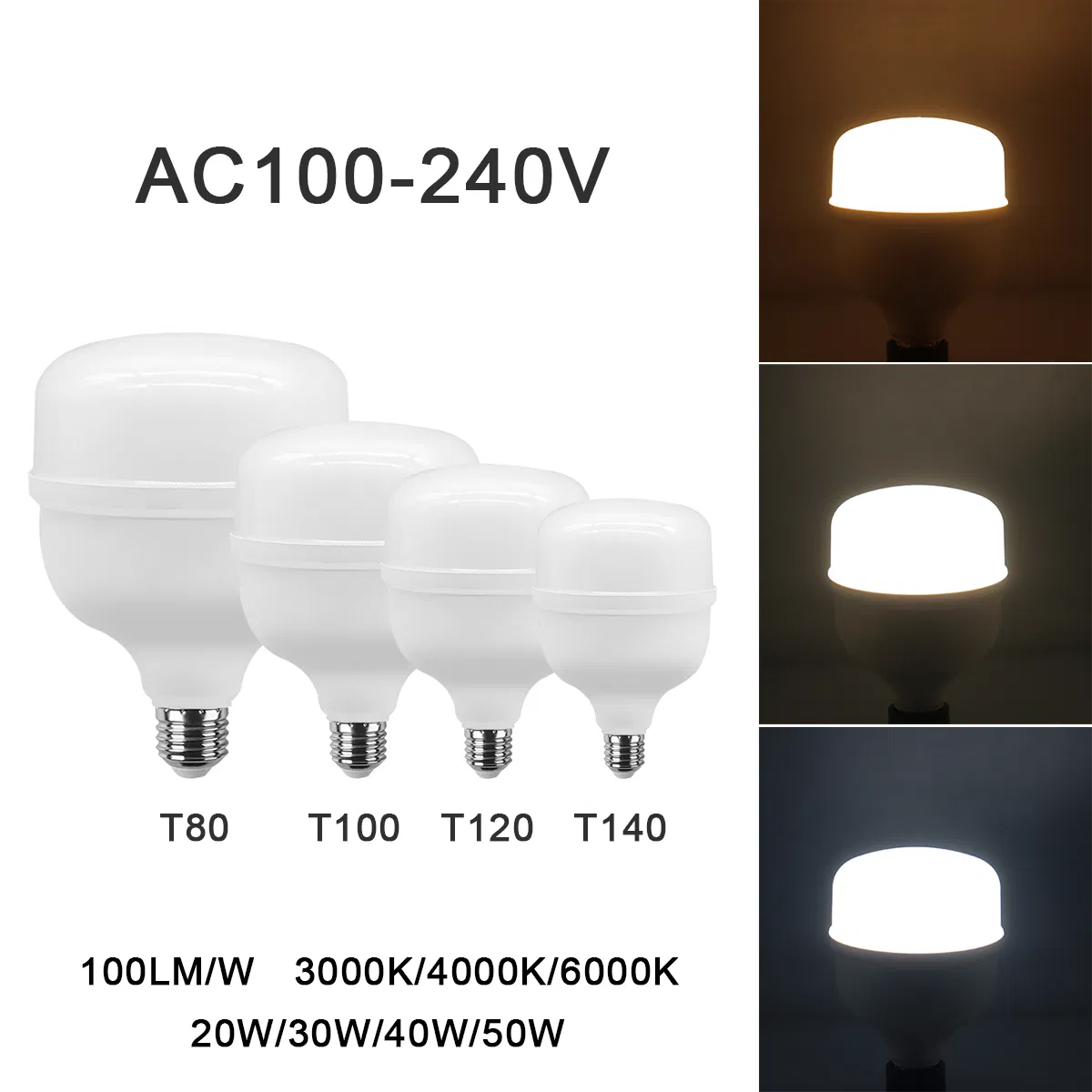 T80 T100 T120 T140 20W 30W 40W 50W E27 100-240V LED Bulb