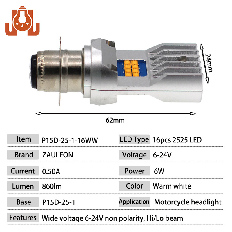 Motorcycle Headlight P15D LED Bulb Warm White High Low Beam Replacement for ATV Moped Scooter